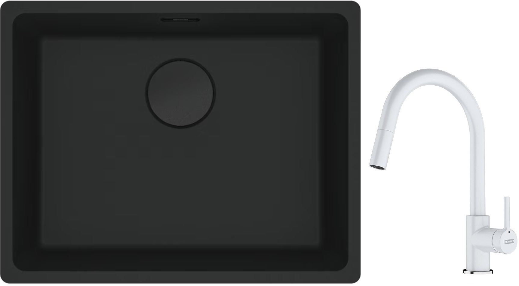Franke Maris MRG 110-52 zlewozmywak 52x40 cm Fragranite czarny mat z baterią kuchenną Lina biały polarny (1250697759, 1150626081)