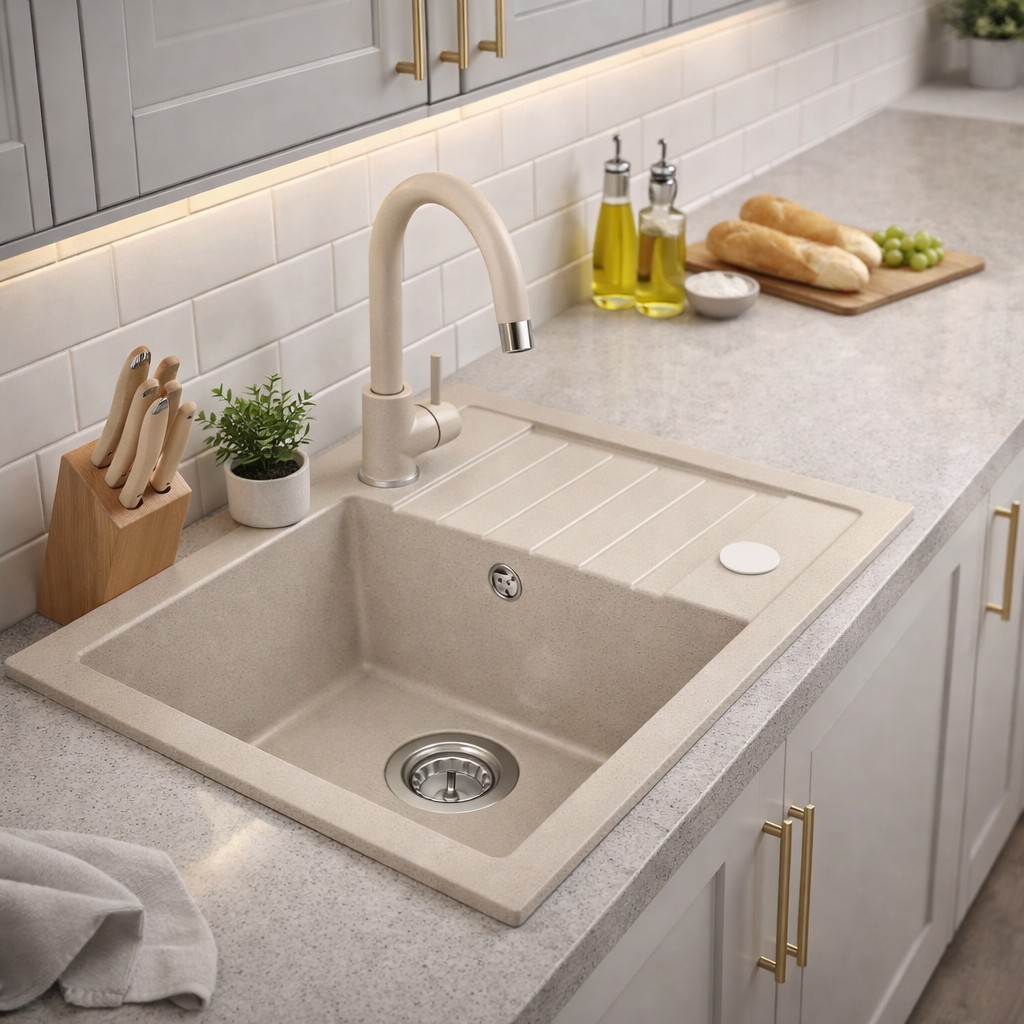 Ruvetti Tito Compact zlewozmywak 62x44 cm z baterią i akcesoriami beżowy LP_3200-TC6244BE_W - Wysyłka w 24h