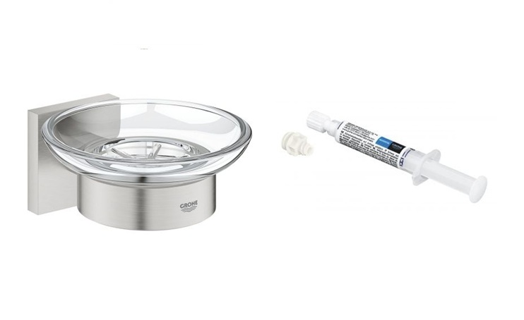 Zestaw Grohe Start Cube mydelniczka ścienna stal nierdzewna i klej montażowy QuickGlue (41096DC0, 41127000)