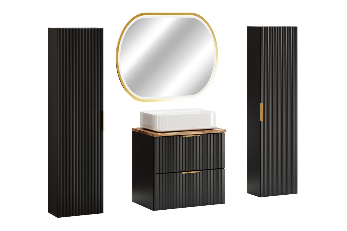 Zestaw Comad Adel Black szafka 60 cm z blatem i umywalką Magic 2 z dwiema szafkami bocznymi wysokimi i lustro czarny/dąb/biały SET-ADB B ...