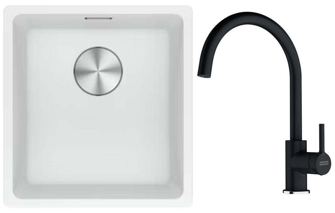 Franke Maris MRG 110-37 zlewozmywak 40x37 cm Fragranite biały polarny z baterią kuchenną Lina onyx (1250687251, 1150626020)