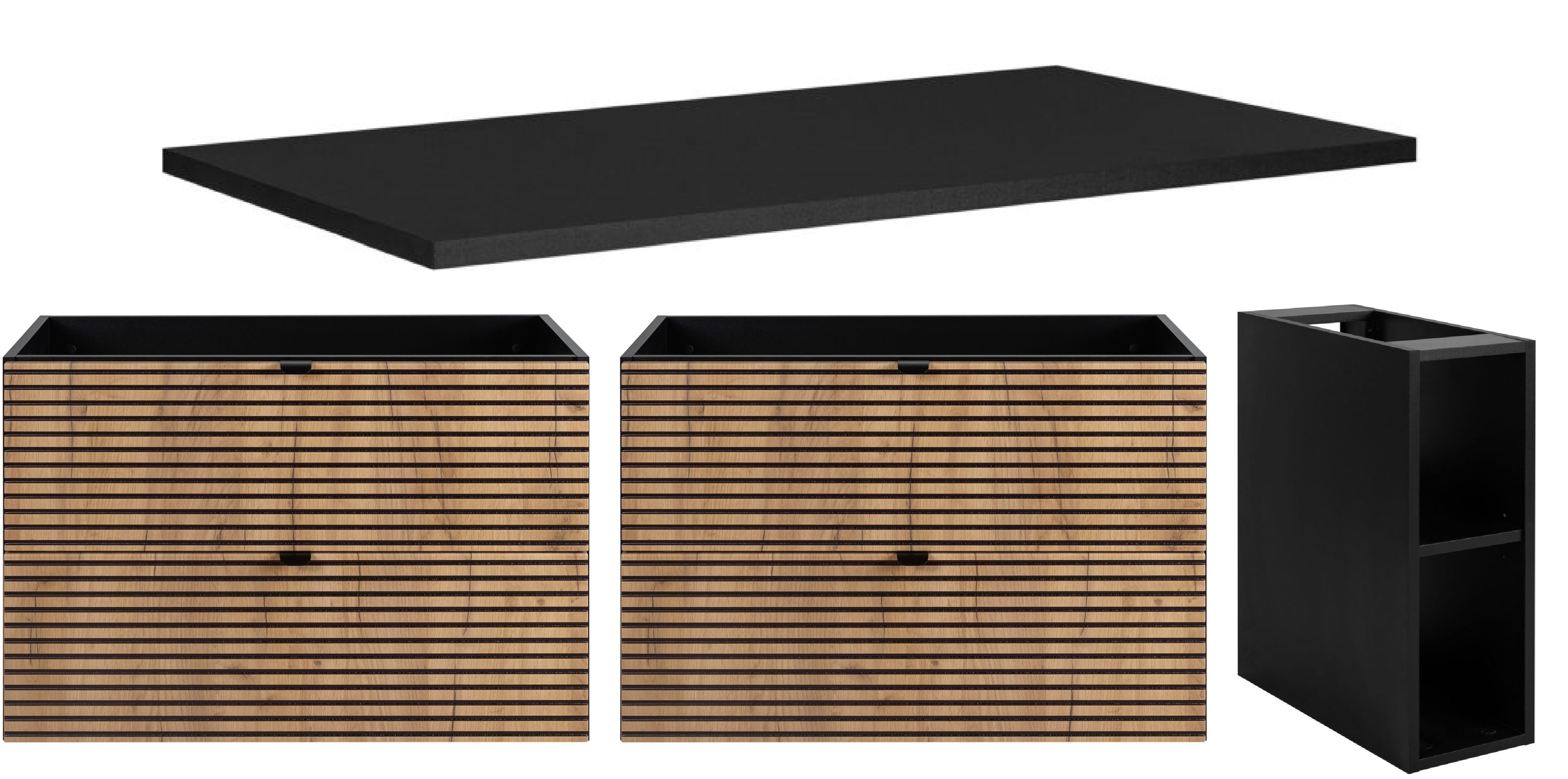 Zestaw Rodan Loft dwie szafki z blatem 80 cm podumywalkowe wiszące z szafką 57 cm boczną czarny/dąb (5906154450942, 5906154452120, ...