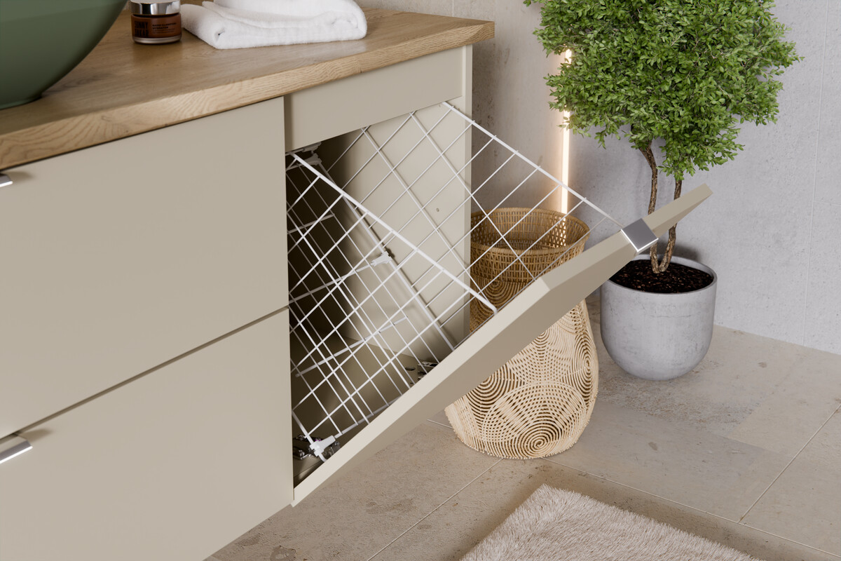 Zestaw Comad Dalia Cashmere szafka 80 cm podumywalkowa i szafka 40 cm boczna cargo z blatem 120 cm i umywalka Lena kaszmir/dąb/biały ...