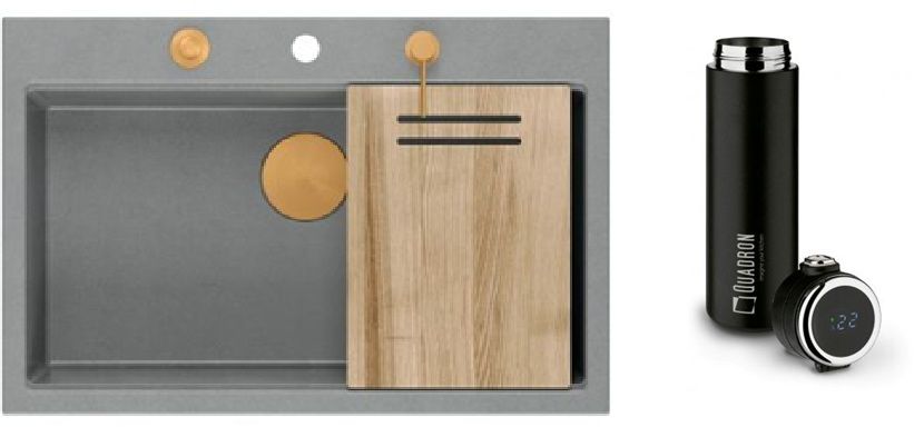 Zestaw Quadron Marc 110 zlewozmywak silver stone/elementy miedziane z kubkiem termicznym 420 ml (HQM7650U5PVDC1, M0051) - Wysyłka w 24h