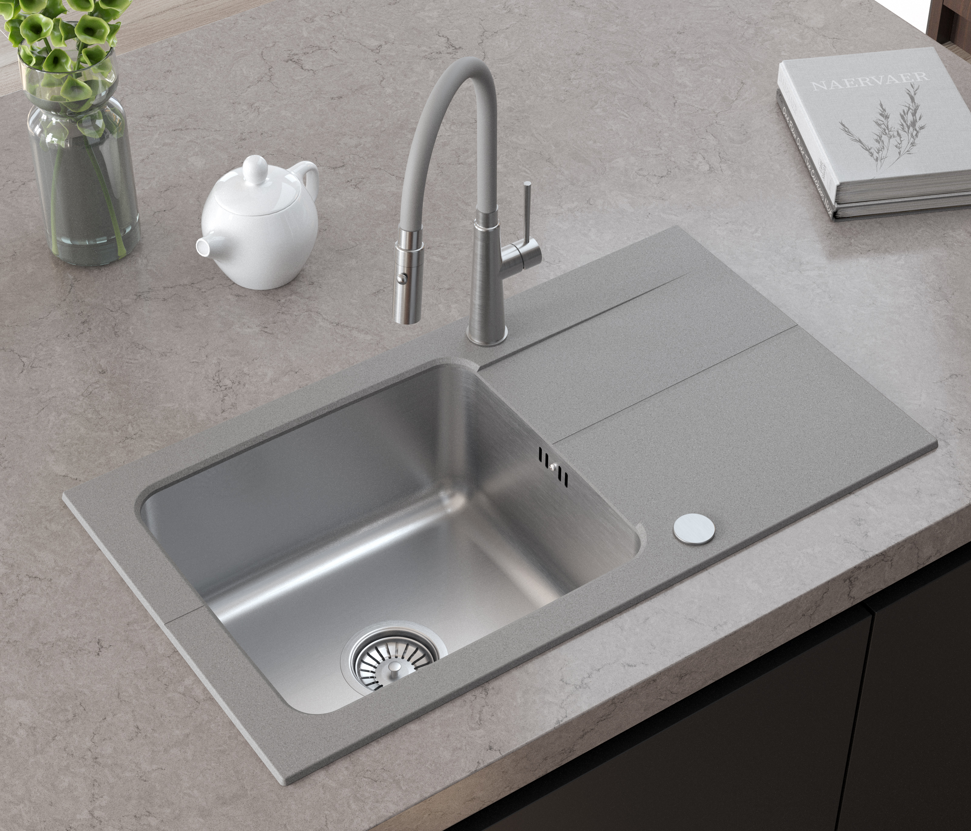 Zestaw Quadron Edward 111 zlewozmywak granitowo-stalowy 78x44 cm z baterią Kate szary/stal FUS_E7844SZ_3623500BS - Wysyłka w 24h