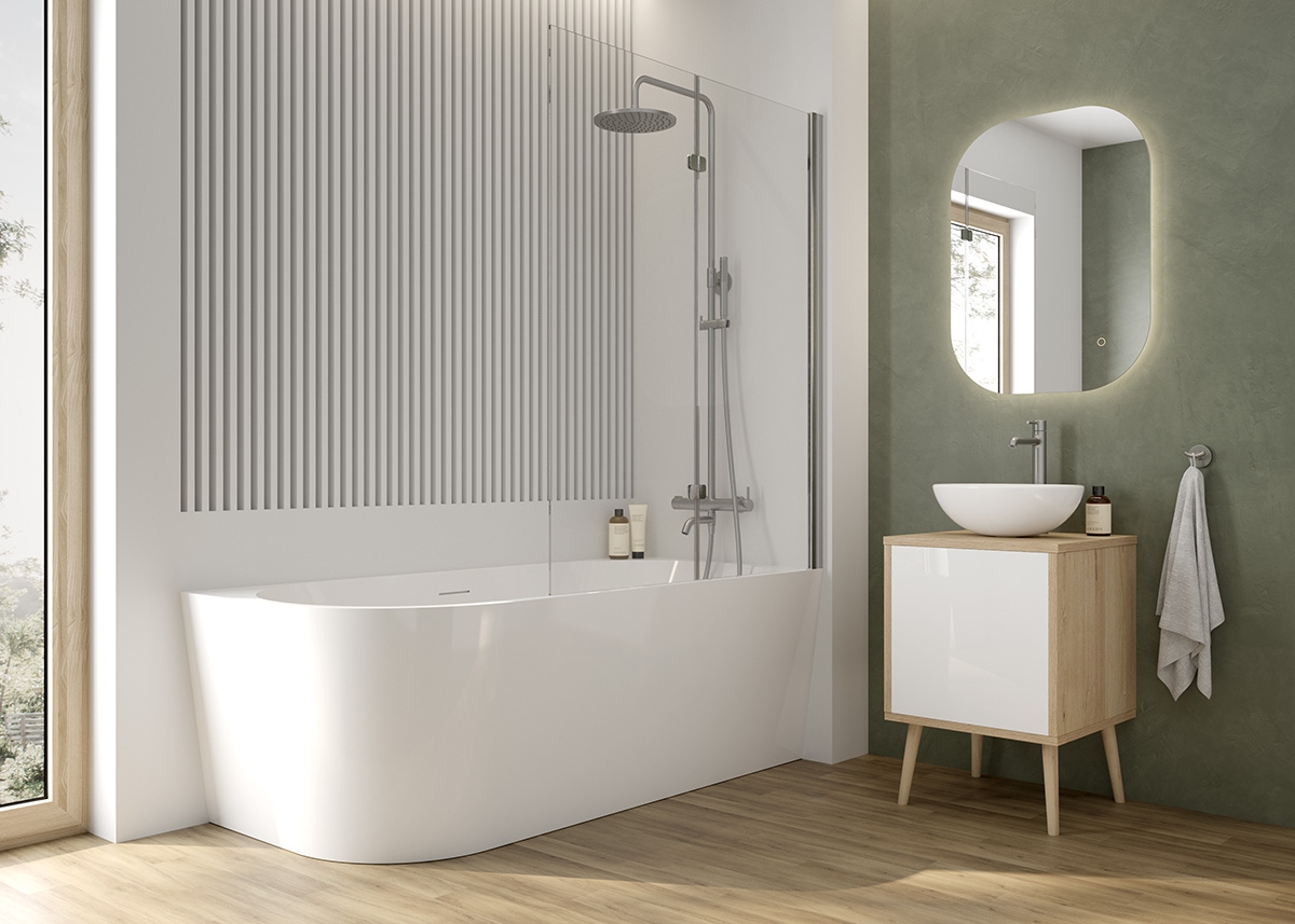 Oltens Delva Sela zestaw wanna wolnostojąca narożna 150x75 cm akrylowa prawa biała z parawanem nawannowym 115 cm 2-częściowy chrom ... - Wysyłka w 24h