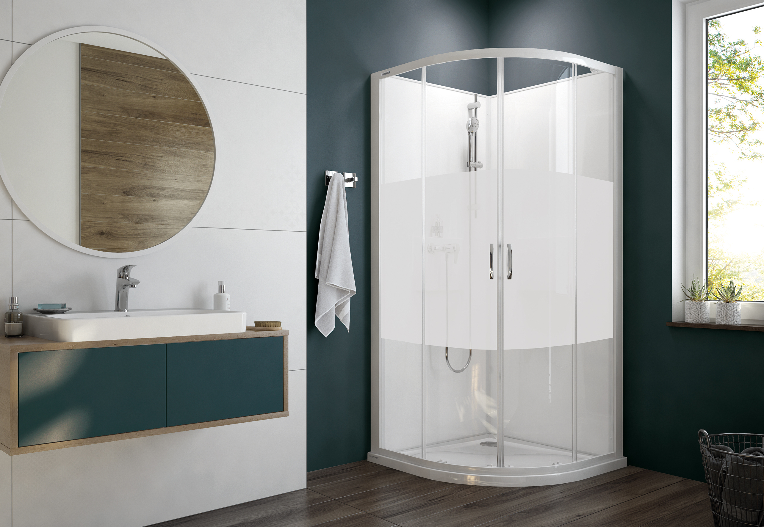 Sanplast Basic Complete Mineral kabina z brodzikiem i zestawem prysznicowym 80x80 cm półokrągła biały połysk/szkło ze wzorem ...