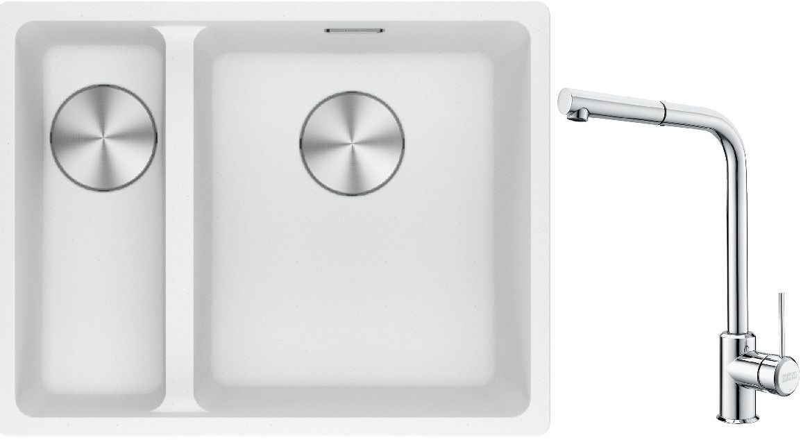 Franke Maris MRG 160-34-15SBL zlewozmywak 52x40 cm Fragranite biały polarny z baterią kuchenną Sirius Side chrom (1250687271, 1150668280)