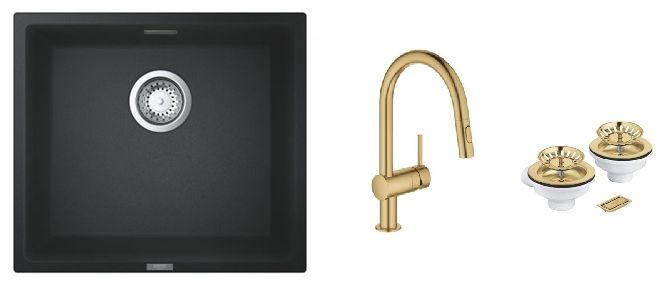 Zestaw Grohe K700 zlewozmywak granitowy czarny z baterią kuchenną Minta Brushed Cool Sunrise i zestawem odpływowym (40997GN0, 31653AP0, ... - Wysyłka 