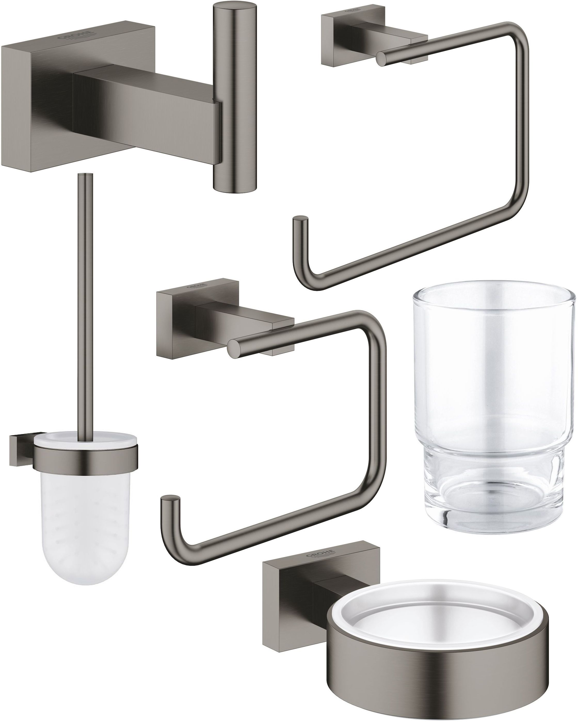 Grohe Essentials Cube zestaw akcesoriów łazienkowych brushed hard graphite (40511AL1, 40507AL1, 40508AL1, 40372001, 40513AL1, 40510AL1)