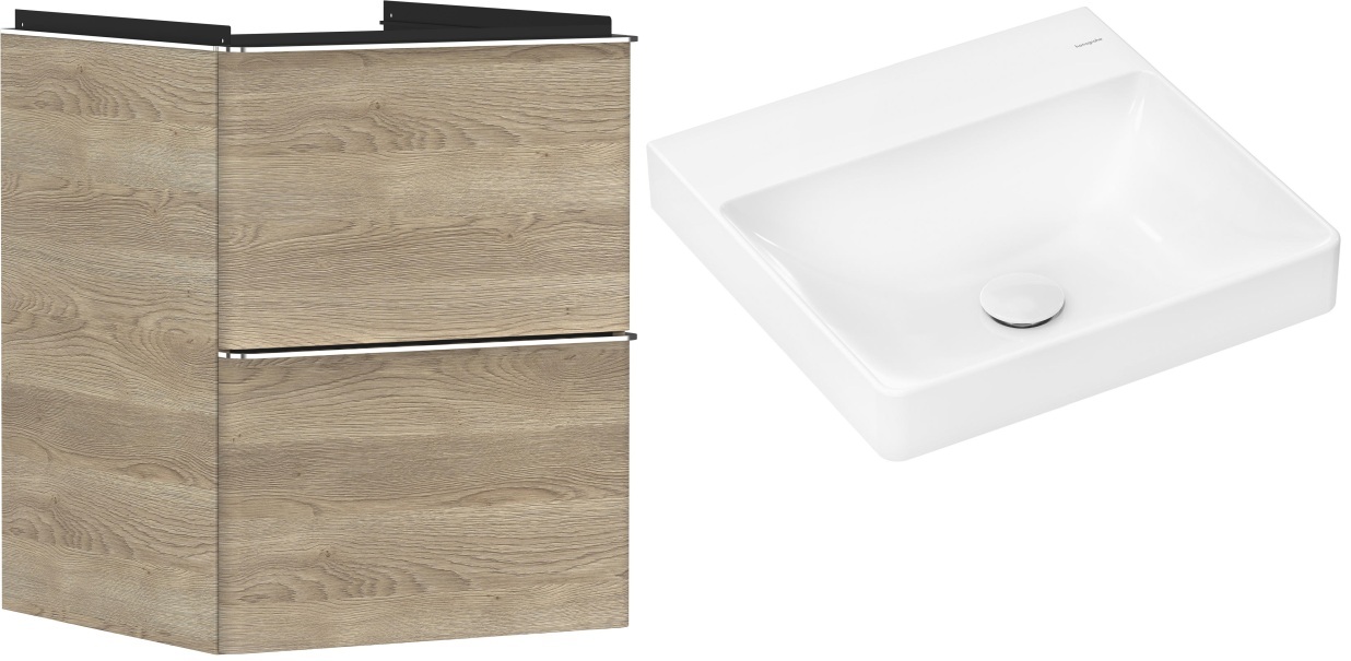 Hansgrohe Xelu Q szafka wisząca z umywalką 50x48 cm naturalny dąb/chrom/biały (54021000, 61013450)