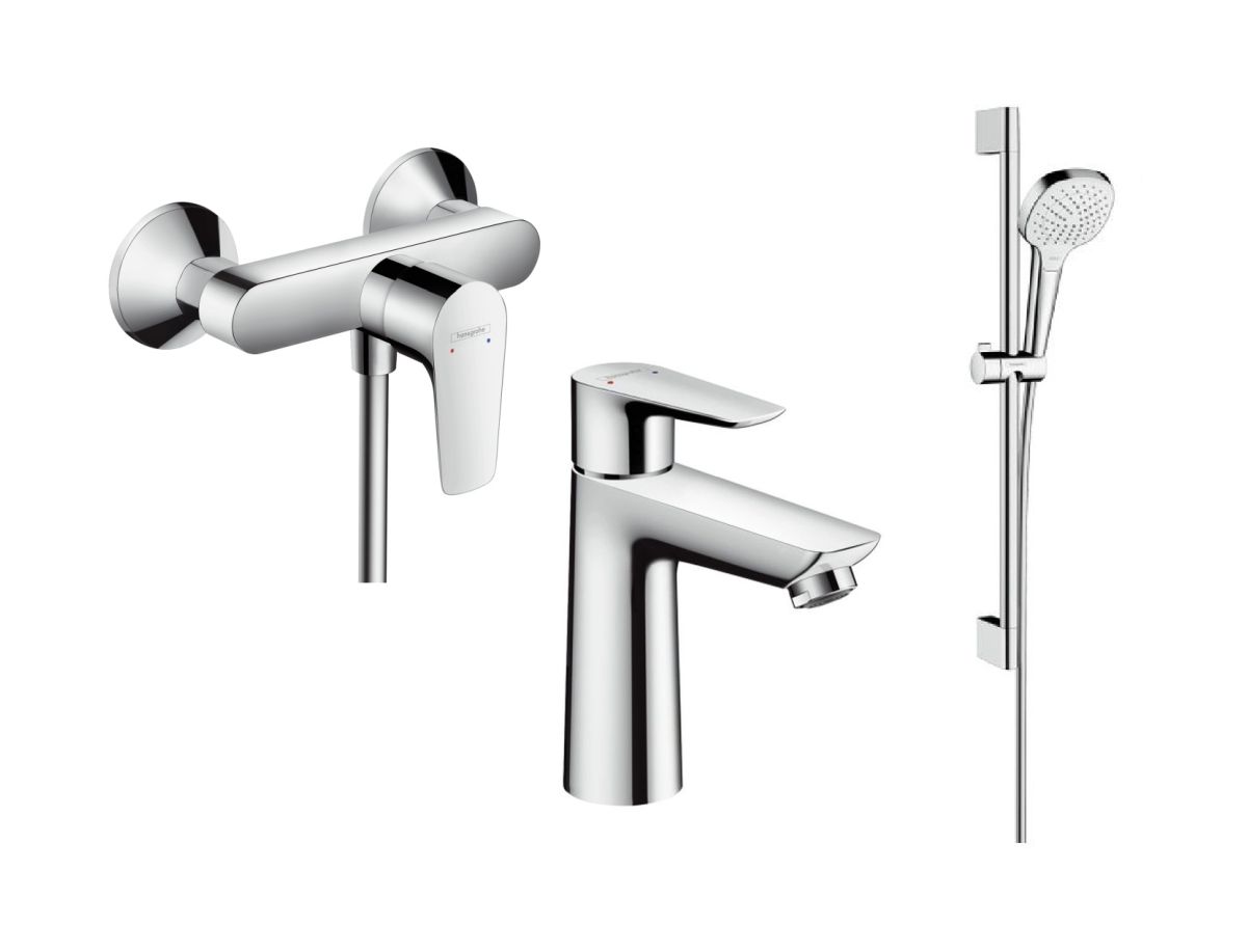 Hansgrohe Talis E bateria prysznicowa i umywalkowa z zestawem prysznicowym Croma (71760000, 71710000, 26582400)