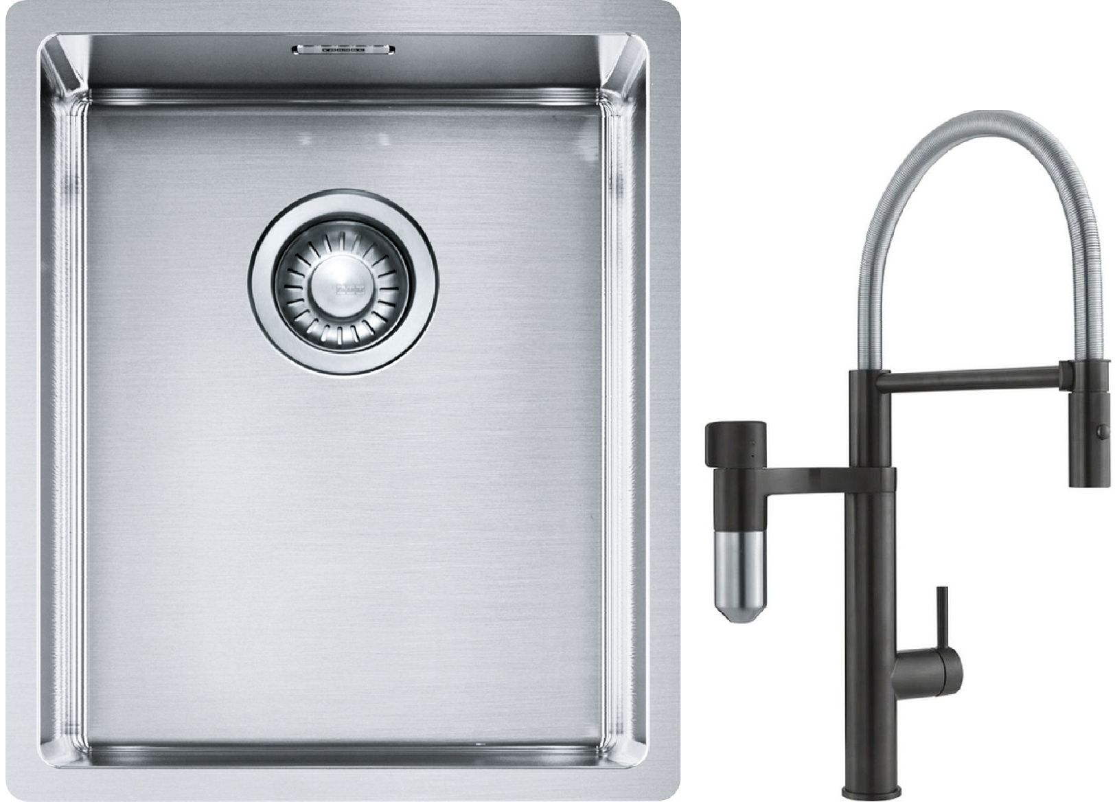 Franke Box BXX 210/110-34 zlewozmywak 38x45 cm stalowy z baterią kuchenną Vital Semi-Pro czarny mat/stal (1270453653, 1200621313)