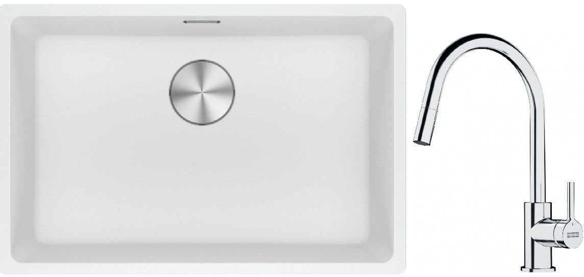 Franke Maris MRG 110-62 zlewozmywak 62x40 cm Fragranite biały polarny z baterią kuchenną Lina chrom (1250687259, 1150693229)