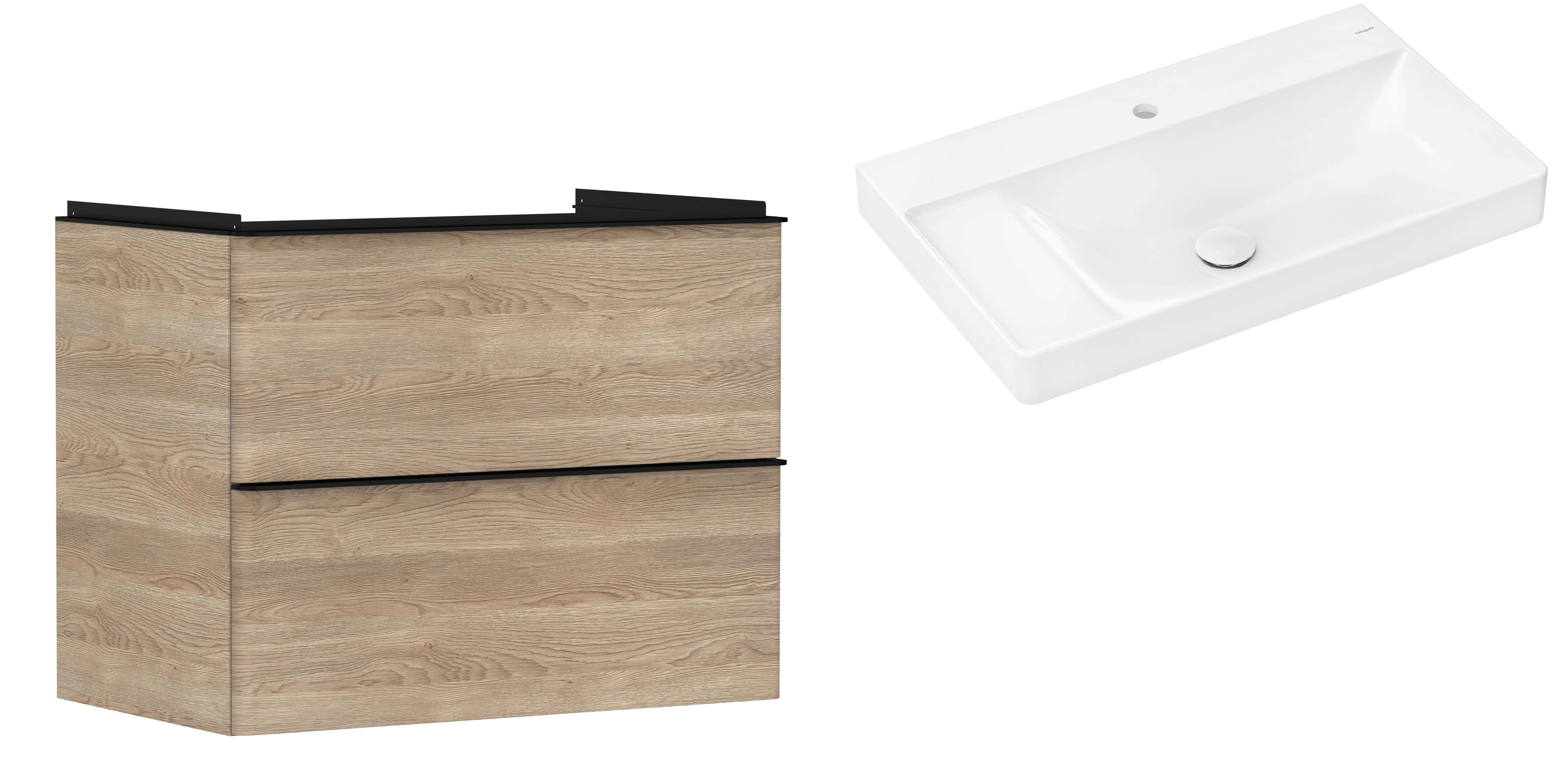 Hansgrohe Xelu Q szafka wisząca z umywalką 80x48 cm naturalny dąb/czarny mat/biały (54029670, 61030450)