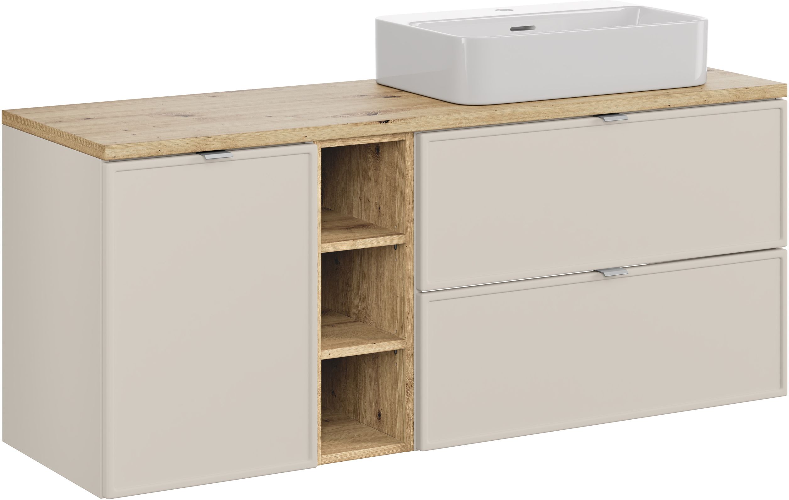 Zestaw Comad Bella Cashmere szafka 140 cm podumywalkowa wisząca kaszmir z blatem dąb i umywalką SET-BC B ARTISAN 140CM UN TRUST WH