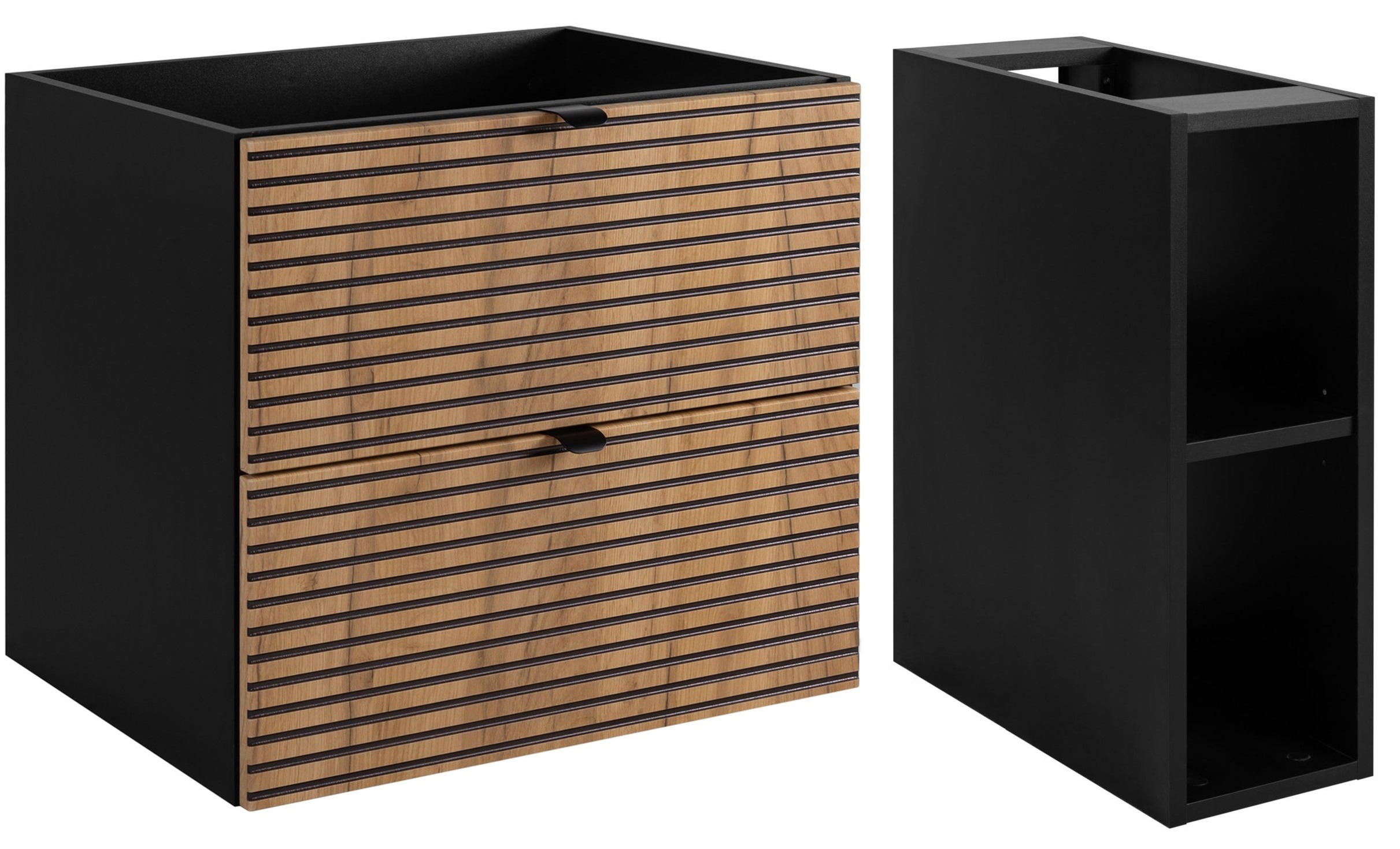 Zestaw Rodan Loft szafka 60 cm podumywalkowa wisząca z szafką 20 cm boczną czarny/dąb (5906154450935, 5906154452120)