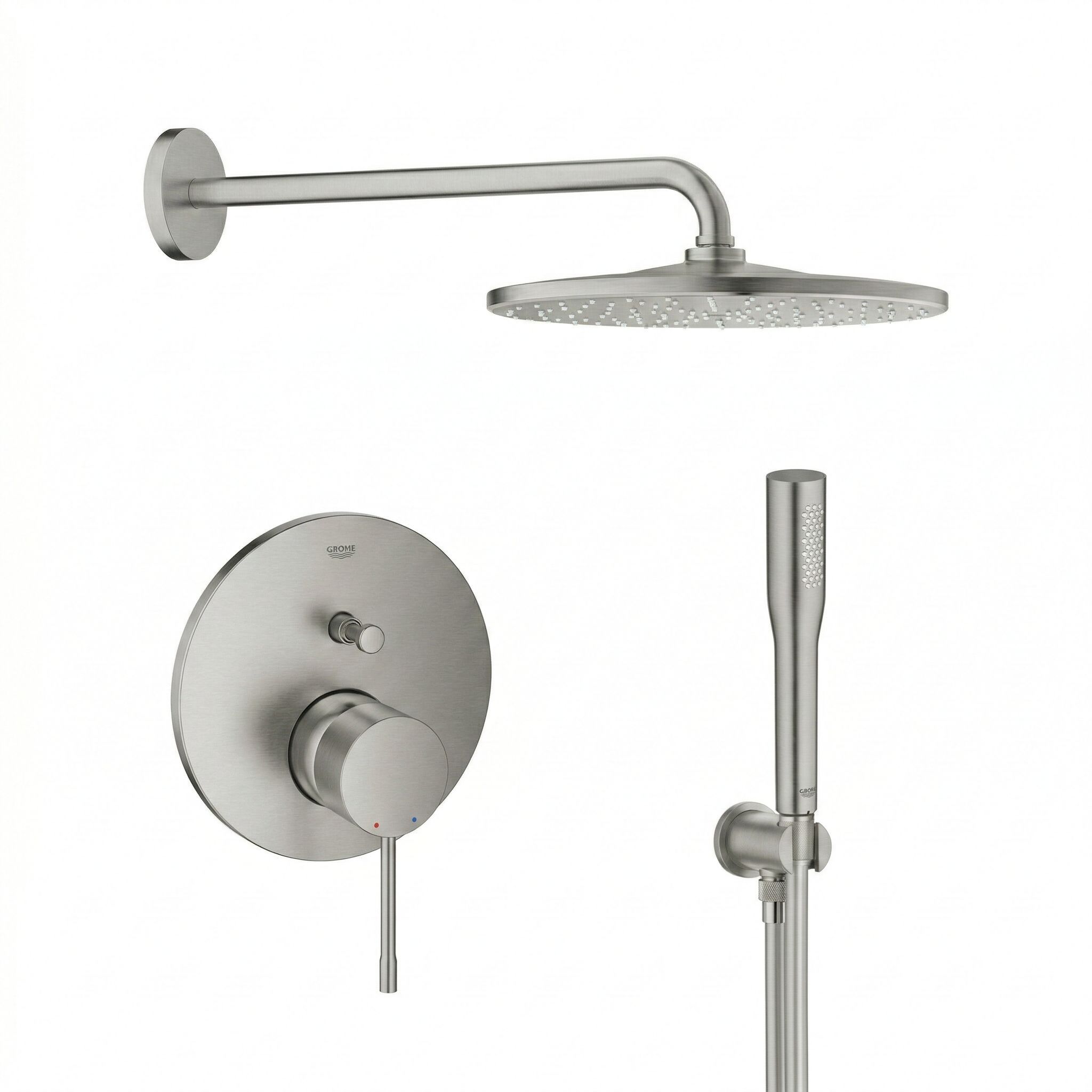 Grohe Essence zestaw prysznicowy podtynkowy z deszczownicą stal nierdzewna (24058DC1, 26558DC0, 28362DC1, 26658DC0, 27400DC0)