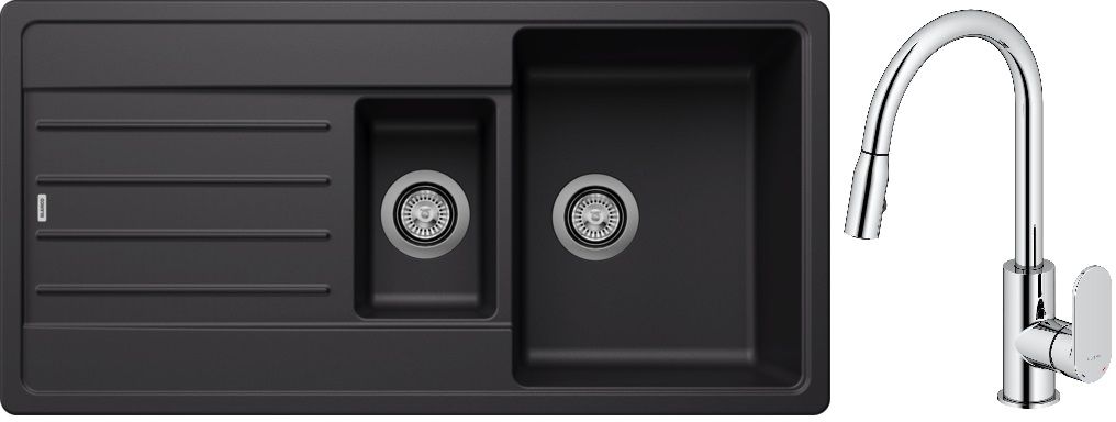 Blanco Legra 6 S zlewozmywak 100x50 cm z Silgranit czarny z Oltens Lista bateria kuchenna stojąca z wyciąganą wylewką chrom (526086, ...