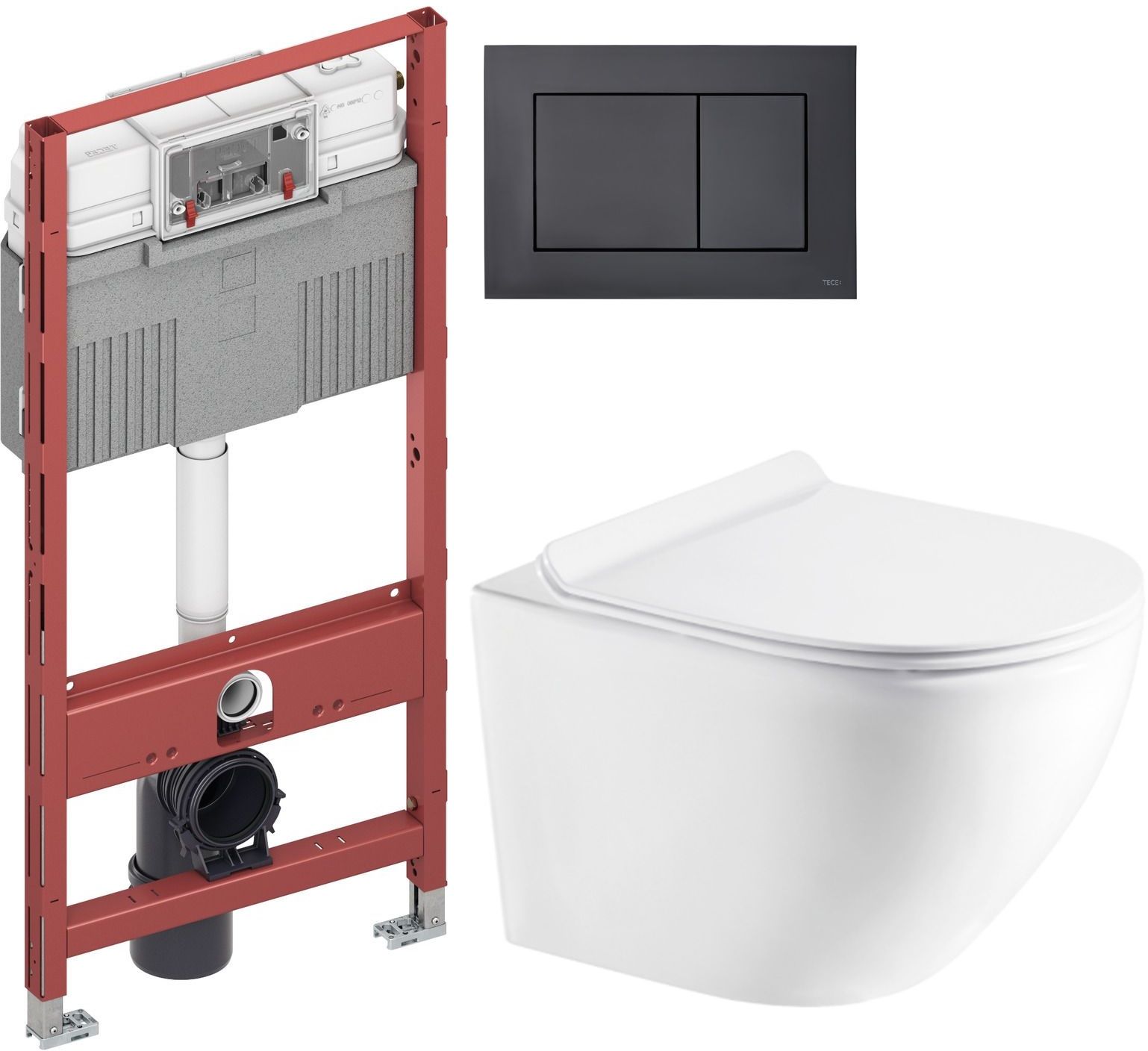 Zestaw Hagser Beno miska WC Rimless z deską wolnoopadającą i stelaż podtynkowy Tece Profil z przyciskiem spłukującym Now czarny mat ... - Wysyłka w 