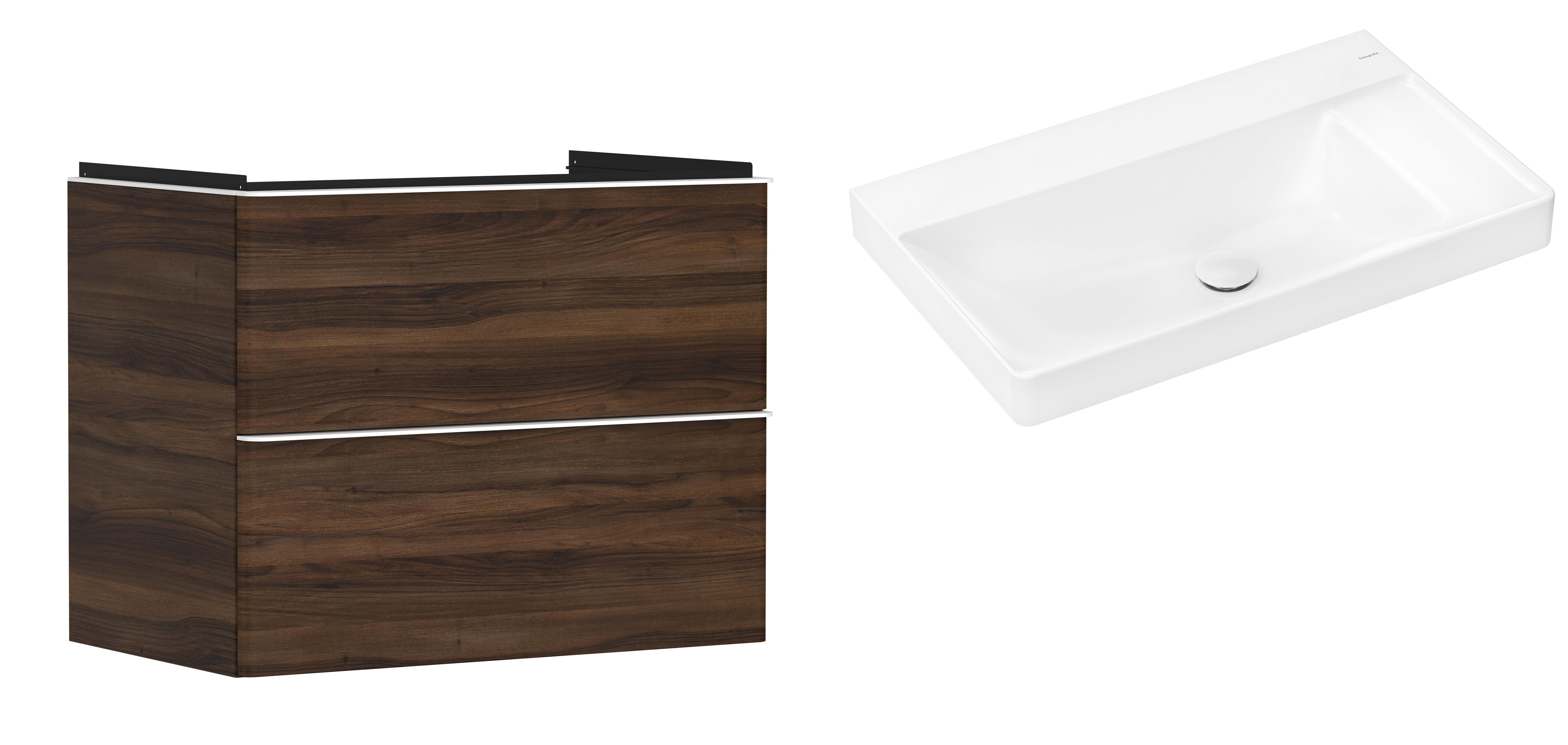 Hansgrohe Xelu Q szafka wisząca z umywalką 80x48 cm ciemny orzech/biały mat/biały (54030700, 61026450)