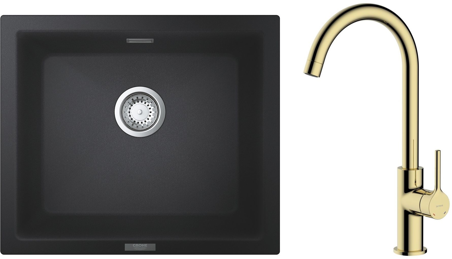 Zestaw Grohe K700U zlewozmywak granitowy 53,3x45,7 cm z baterią kuchenną Oltens Skafta czarny granit/złoty połysk (31654AP0, 35206800) - Wysyłka w 24h