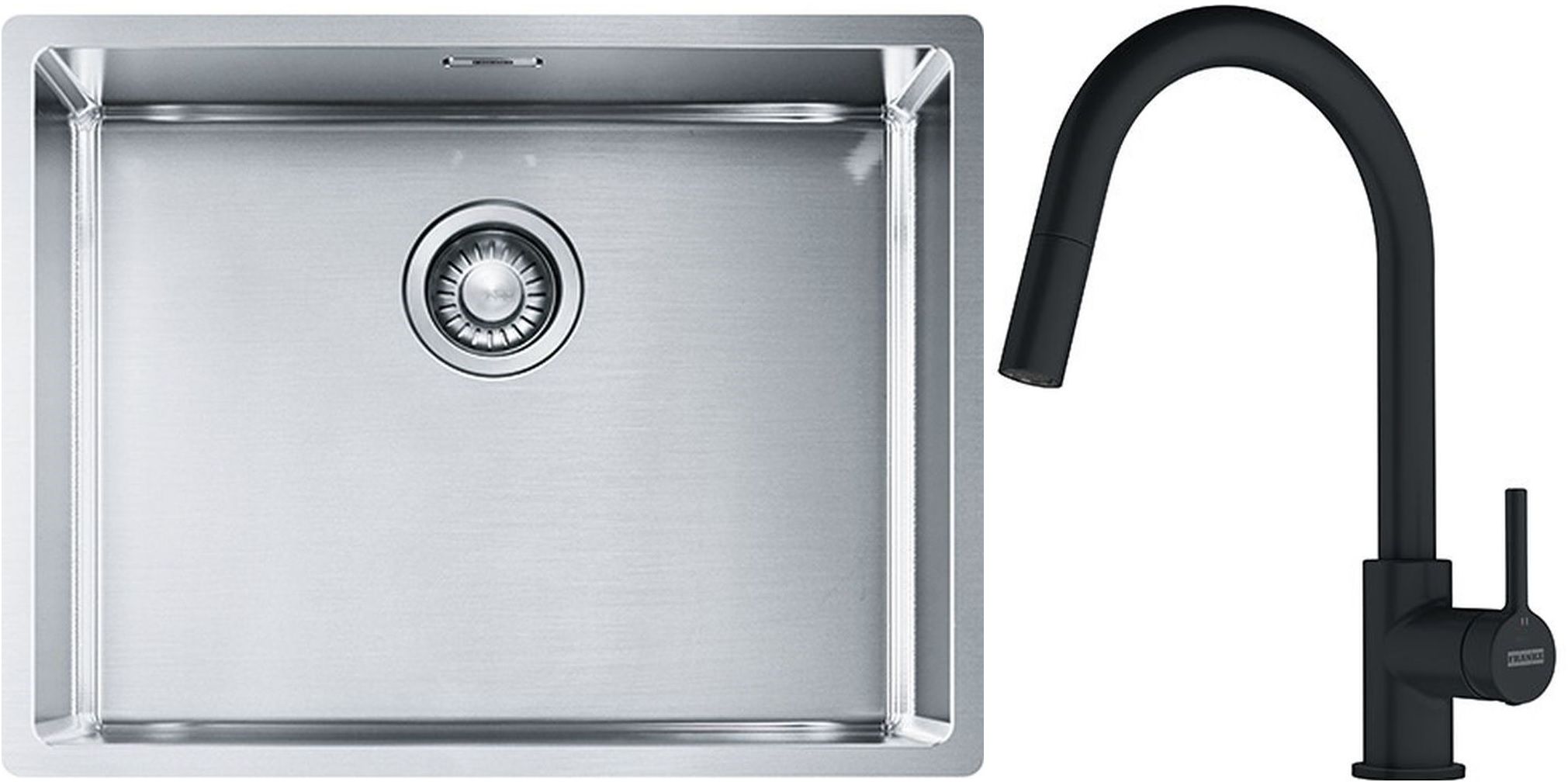 Franke Box BXX 110-54/ BXX 210-54 zlewozmywak 58x45 cm stalowy z baterią kuchenną Lina czarny mat (1270453660, 1150626053)