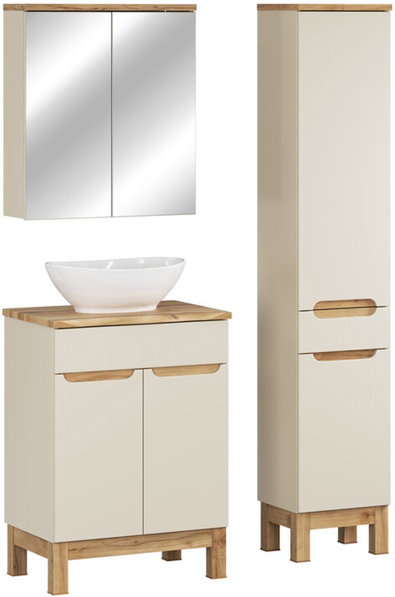 Comad Bali Cashmere zestaw meblowy 60 cm szafka stojąca z umywalką Lola, szafka wysoka boczna i lustrzana kaszmir/dąb/biały SET-BAC B ...