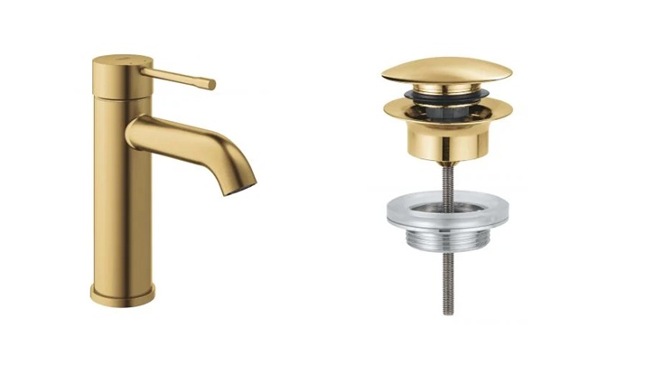 Zestaw Grohe Essence bateria umywalkowa stojąca z korkiem Brushed Cool Sunrise (23590GN1, 65807GN0)