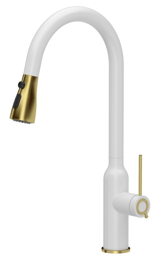 Quadron Jessica Q Line Very White bateria kuchenna stojąca z wyciąganą wylewką biały mat/złoty 3573591_WHMPVDG1 - Wysyłka w 24h