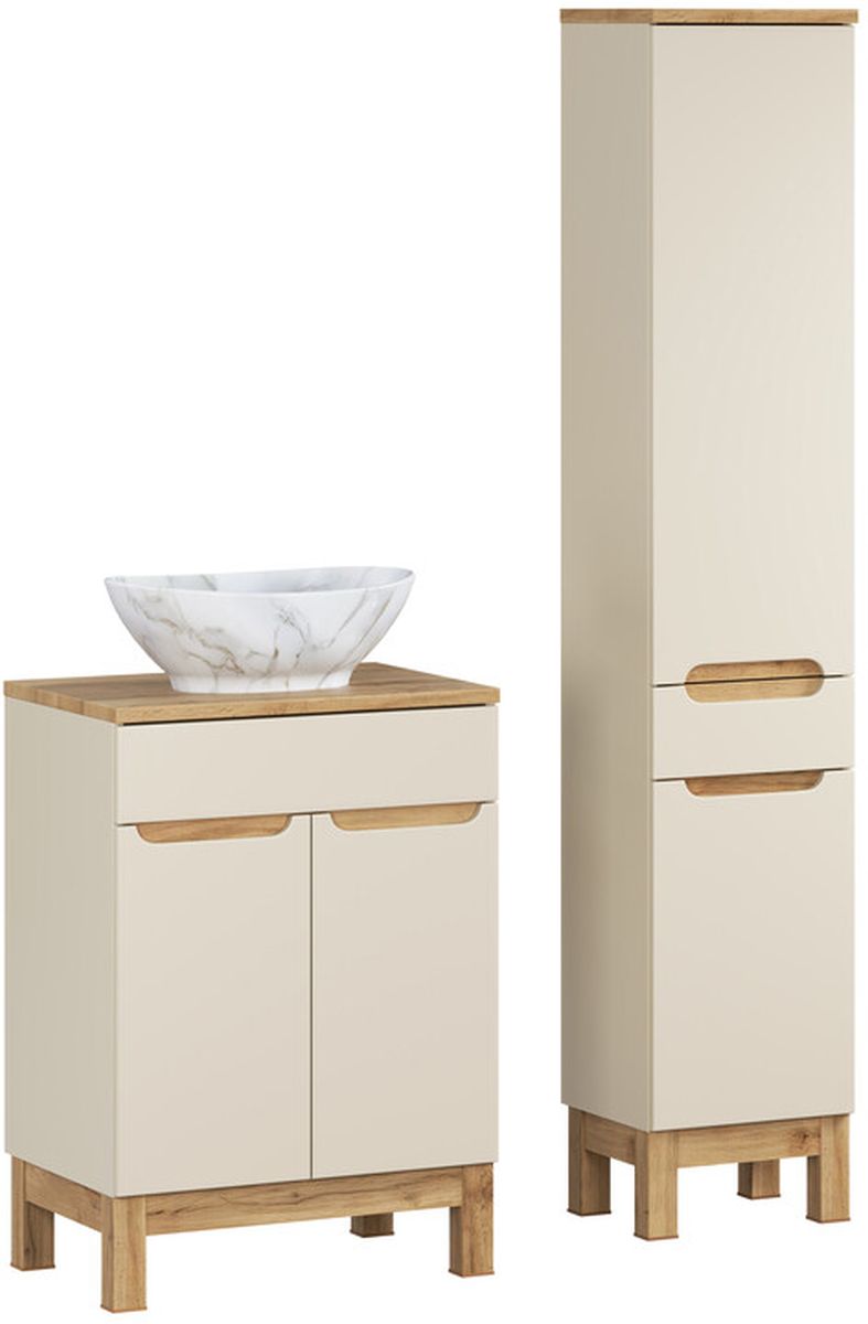 Comad Bali Cashmere zestaw meblowy 60 cm szafka stojąca z umywalką Pati i szafka wysoka boczna kaszmir/dąb/biały SET-BAC B WOTAN 60CM ... - Wysyłka w 