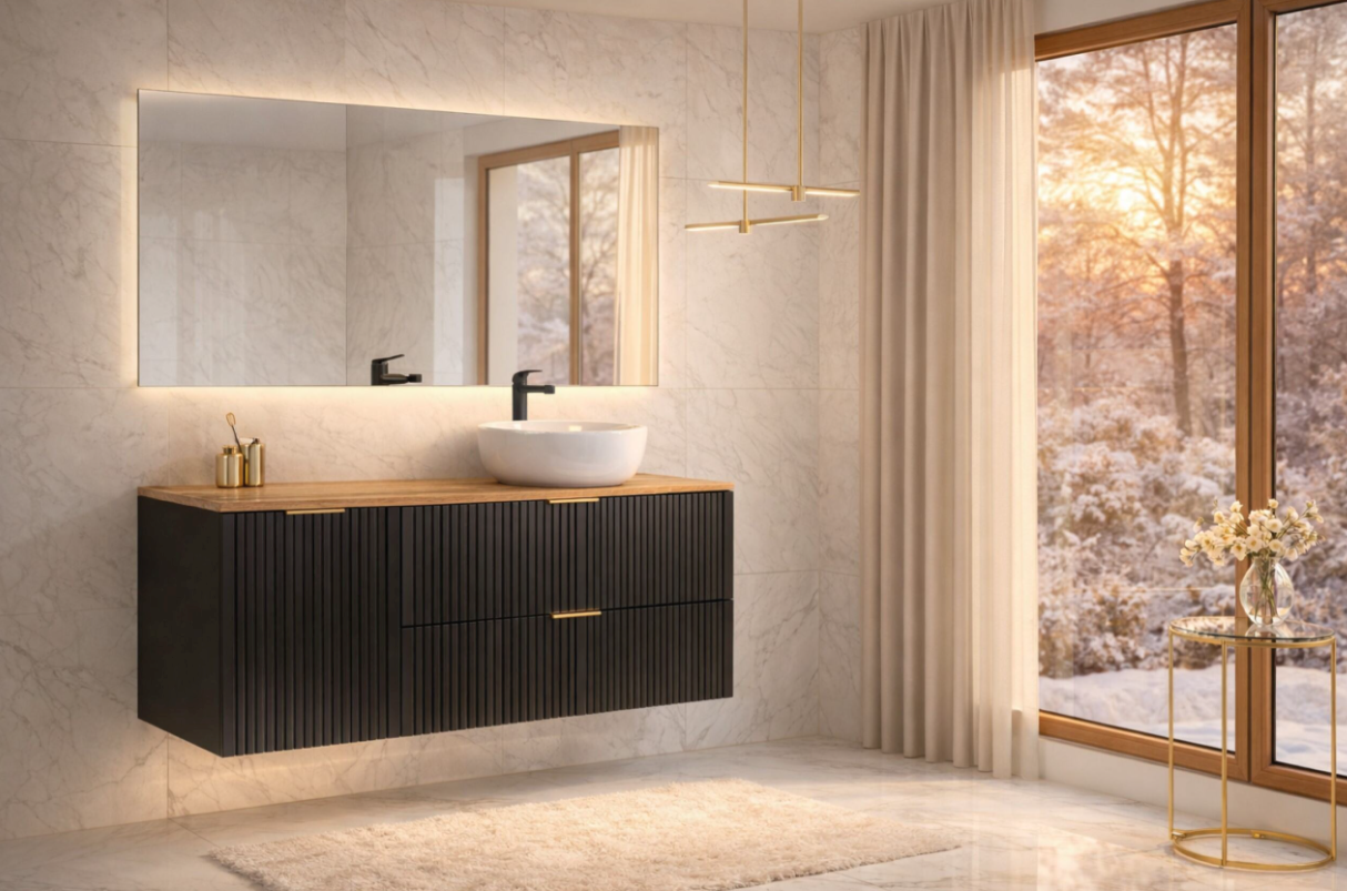 Zestaw Comad Adel Black szafki 80 cm i 40 cm wiszące czarny mat z blatem meblowym 120 cm dąb SET-ADB B WOTAN 120CM LB