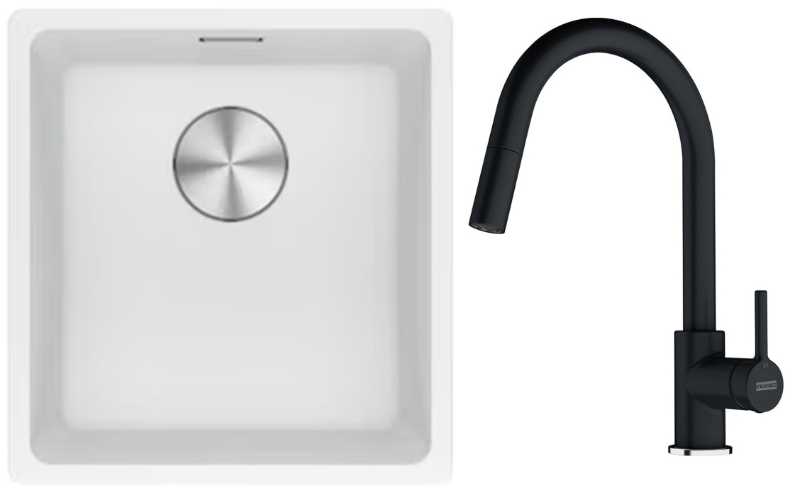 Franke Maris MRG 110-37 zlewozmywak 40x37 cm Fragranite biały polarny z baterią kuchenną Lina onyx (1250687251, 1150626055)
