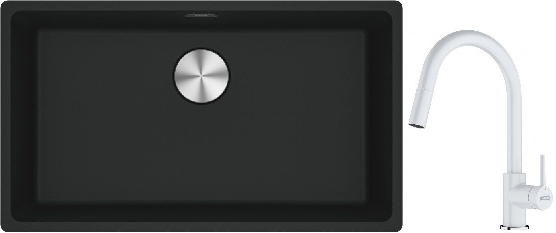 Franke Maris MRG 110-72 zlewozmywak 72x40 cm Fragranite czarny mat z baterią kuchenną Lina biały polarny (1250687260, 1150626081)