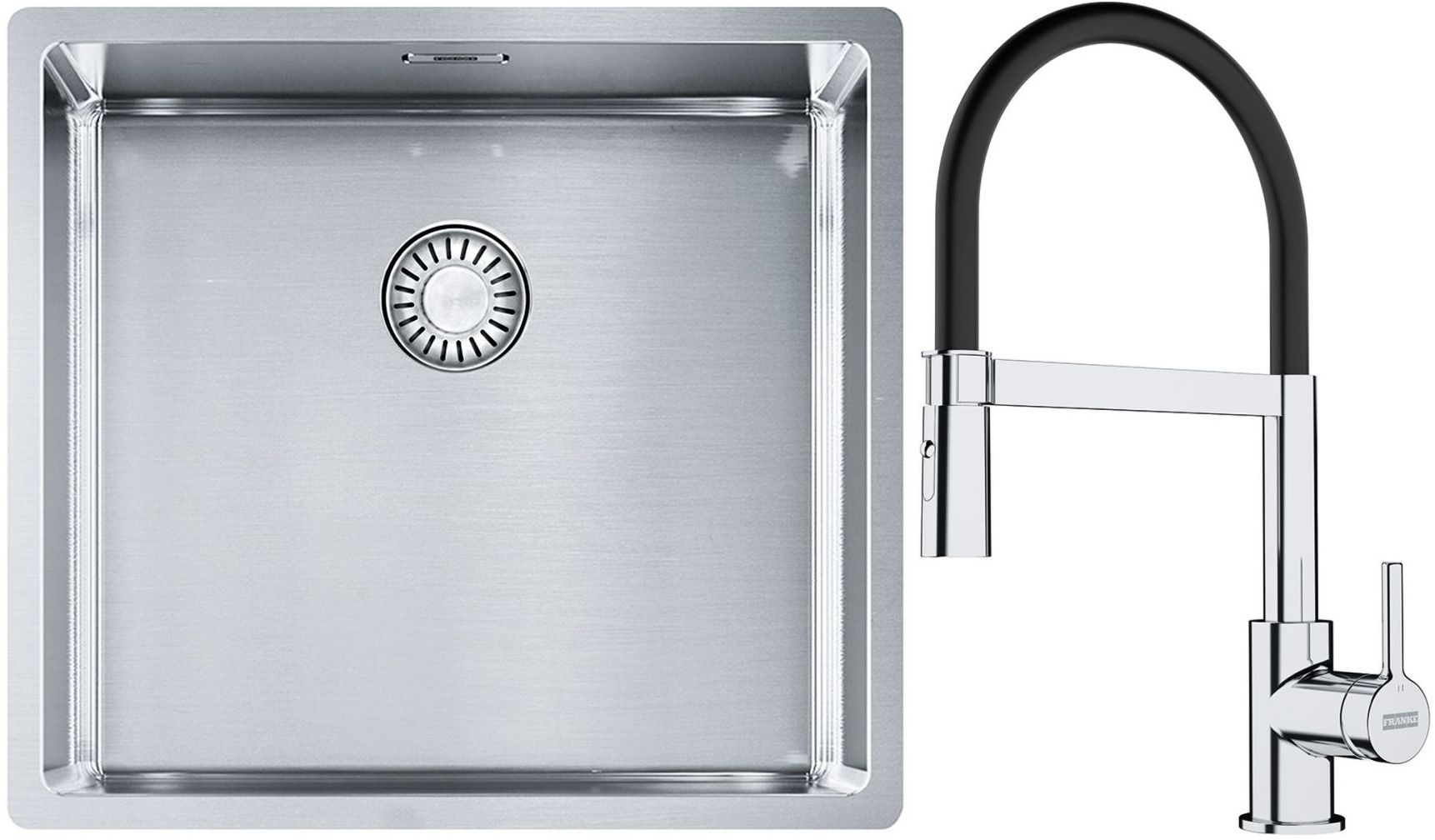 Franke Box BXX 210/110-45 zlewozmywak 49x45 cm stalowy z baterią kuchenną Lina chrom/czarny (1270453655, 1150626085)