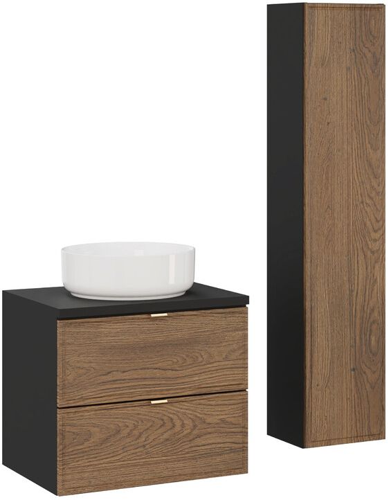 Zestaw Comad Talia Casella umywalka nablatowa Maja biała z szafką podumywalkową 60 cm i szafką boczną wysoką dąb-czarny SET-TC B ...