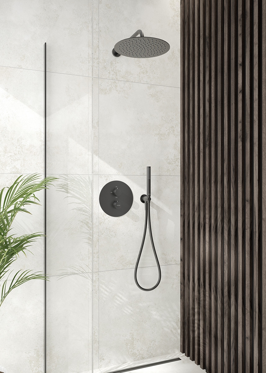Zestaw Oltens Katla bateria podtynkowa termostatyczna z deszczownicą 30 cm Vindel i kompletem prysznicowym Ume grafit 36608400 - Wysyłka w 24h