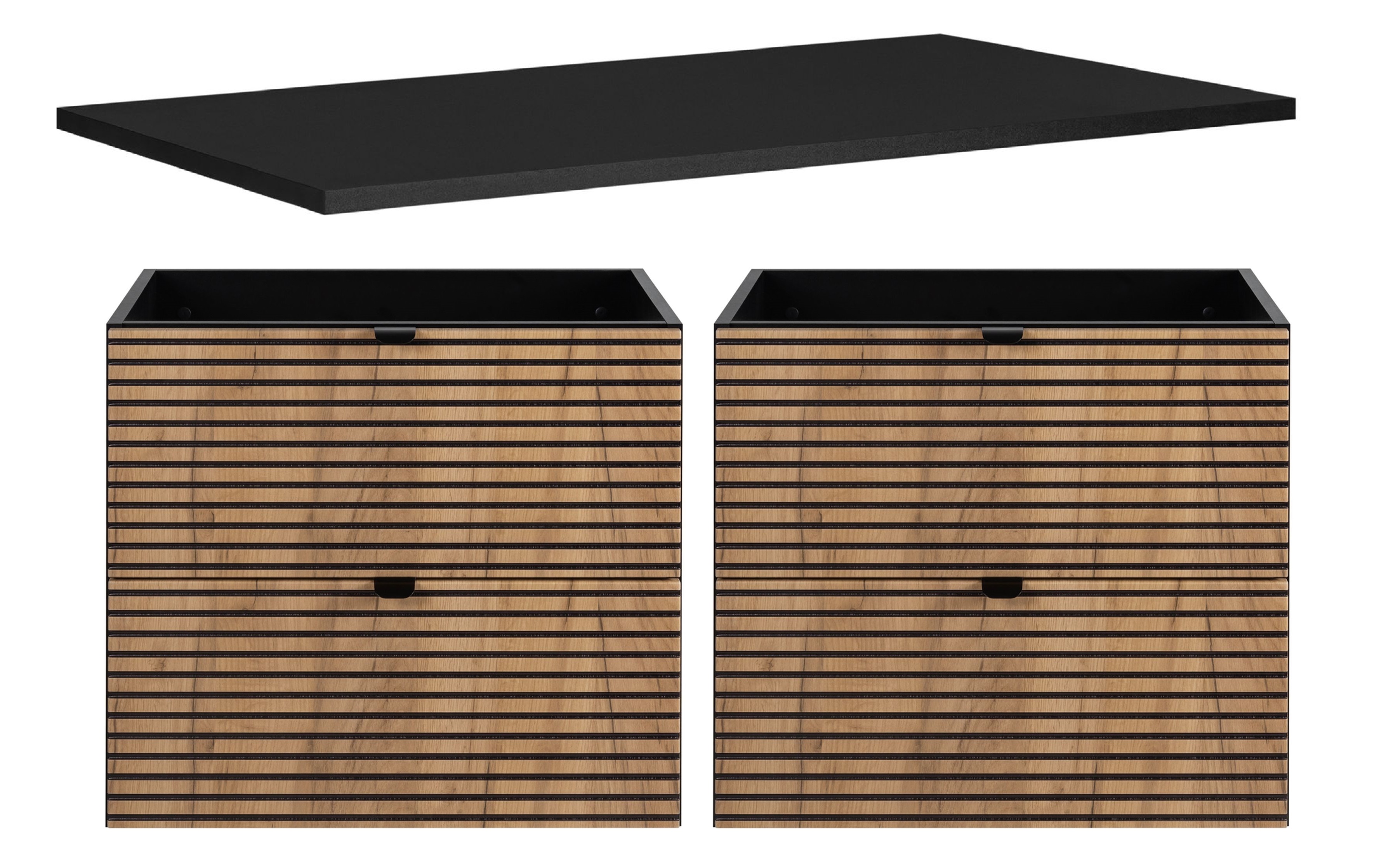 Zestaw Rodan Loft dwie szafki 60 cm z blatem 120 cm podumywalkowe wiszące czarny/dąb (5906154450935, 5906154451963)