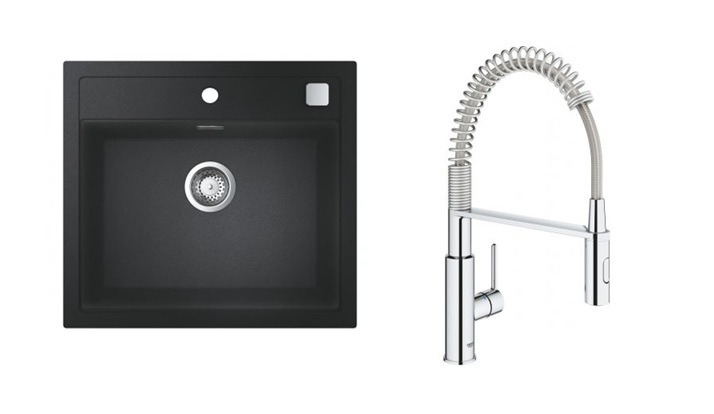Zestaw Grohe K700 zlewozmywak granitowy 56x51 cm czarny z baterią kuchenną Get chrom (31651AP0, 30361000) - Wysyłka w 24h
