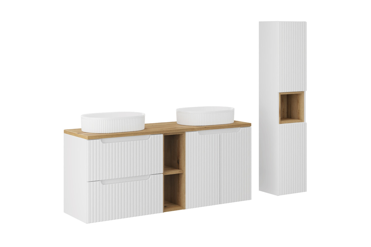 Zestaw Comad Nova White/Oak szafki 60 cm, 60 cm i 20 cm biały/dąb z blatem meblowym 140 cm, dwie umywalki Beyond 48x32,5 cm białe z ...
