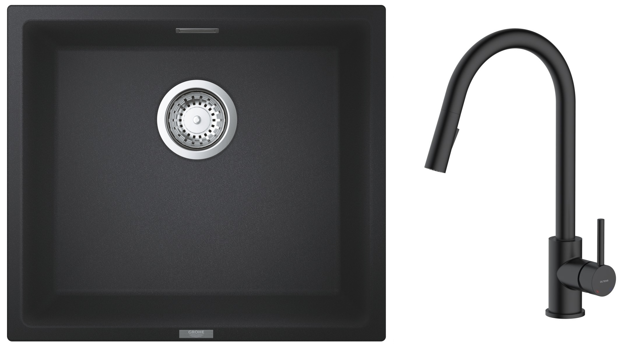 Zestaw Grohe K700 zlewozmywak granitowy 45,7x40,6 cm z baterią kuchenną Oltens Litla czarny granit/czarny mat (35204300, 31653AP0) - Wysyłka w 24h