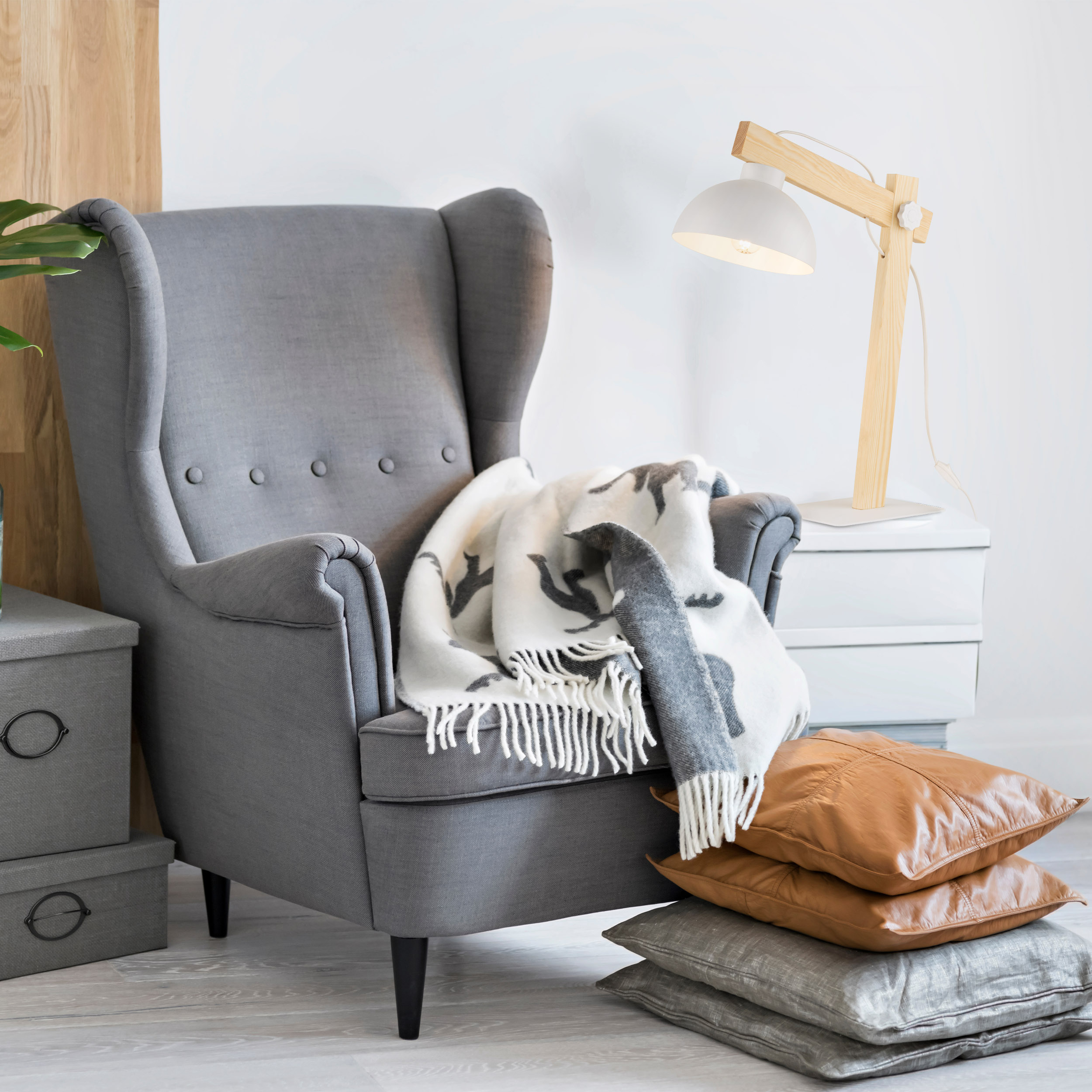 TK Lighting Oslo lampa stołowa 1x15W biała/jasne drewno 5347