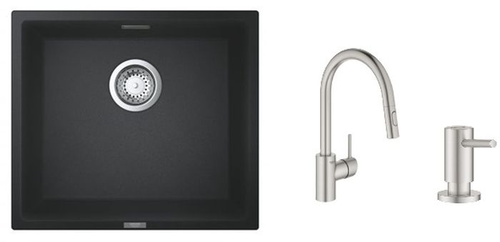 Zestaw Grohe K700 zlewozmywak granitowy czarny z baterią kuchenną Concetto stal i dozownikiem płynów (31653AP0, 31483DC2, 40535DC0) - Wysyłka w 24h