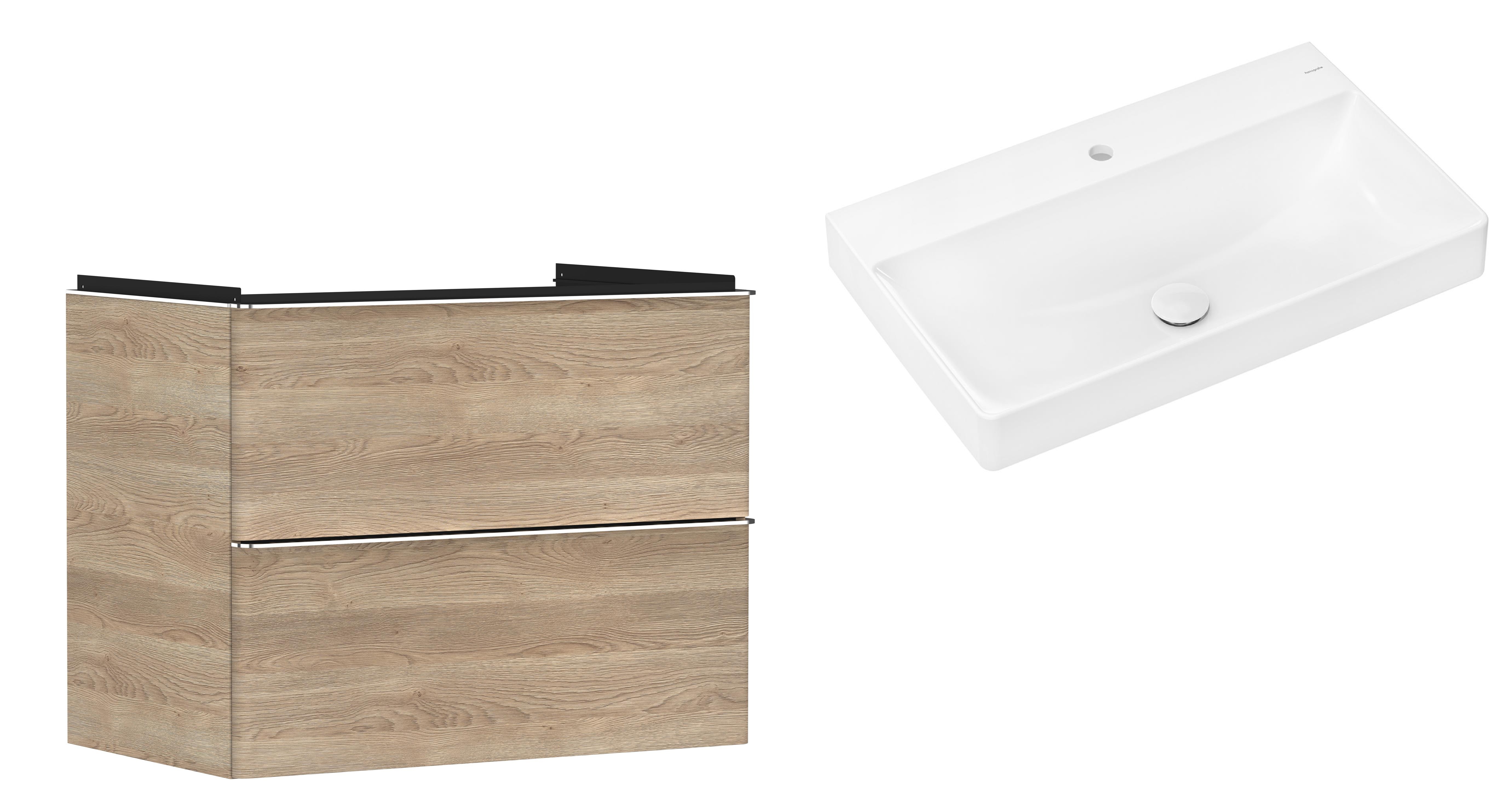 Hansgrohe Xelu Q szafka wisząca z umywalką 80x48 cm naturalny dąb/chrom/biały (54029000, 61020450)