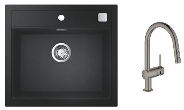 Zestaw Grohe K700 zlewozmywak granitowy czarny z baterią kuchenną Minta Brushed Hard Graphite (31651AP0, 32321AL2, 40400AL0)