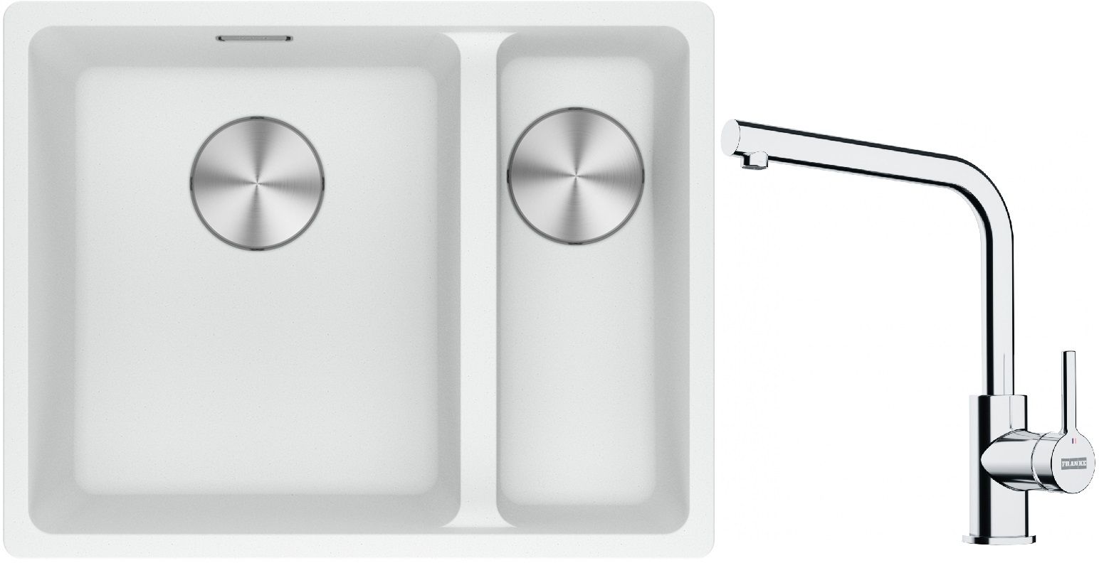 Franke Maris MRG 160-34-15SBR zlewozmywak 52x40 cm Fragranite biały polarny z baterią kuchenną Lina chrom (1250687267, 1150693230)