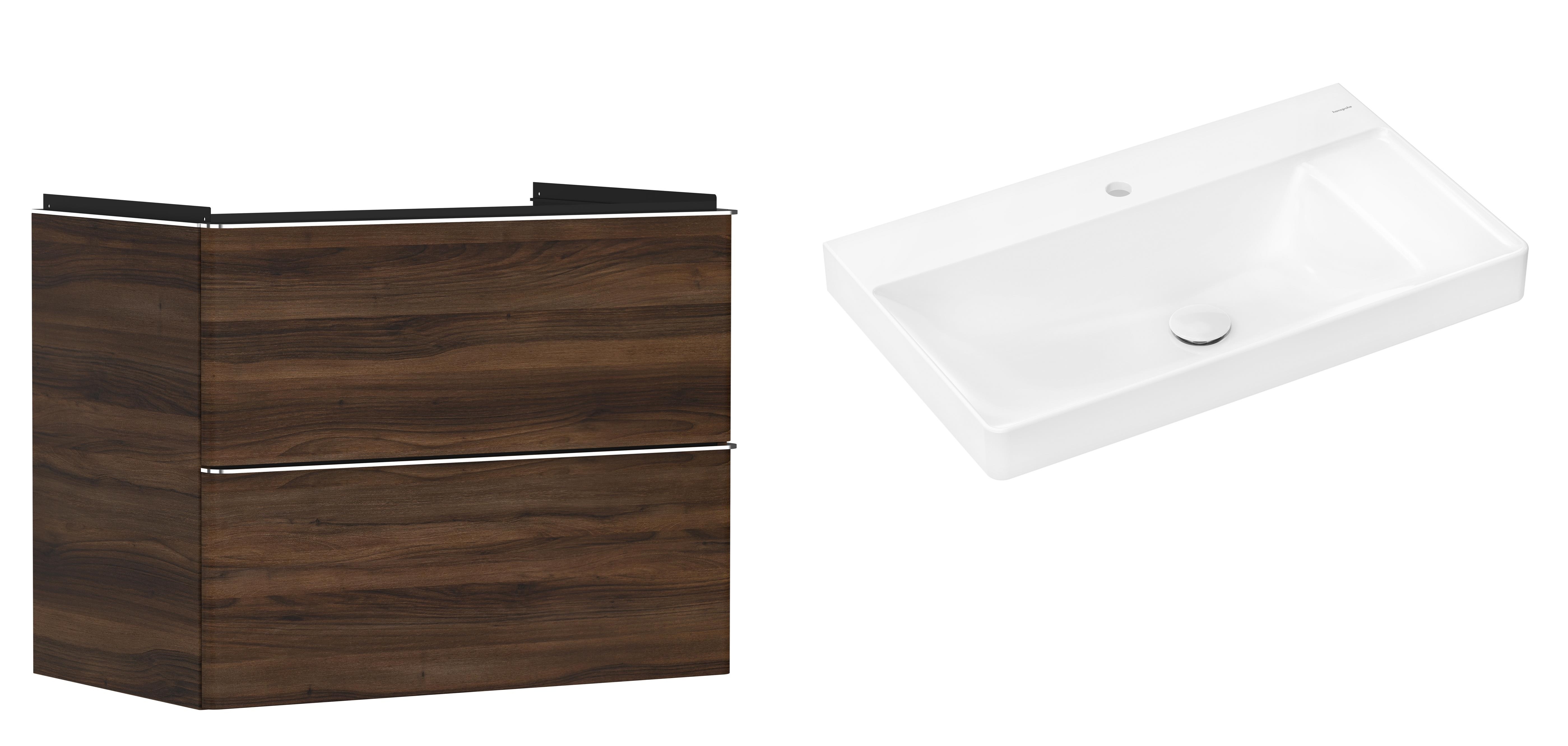 Hansgrohe Xelu Q szafka wisząca z umywalką 80x48 cm ciemny orzech/chrom/biały (54030000, 61024450)