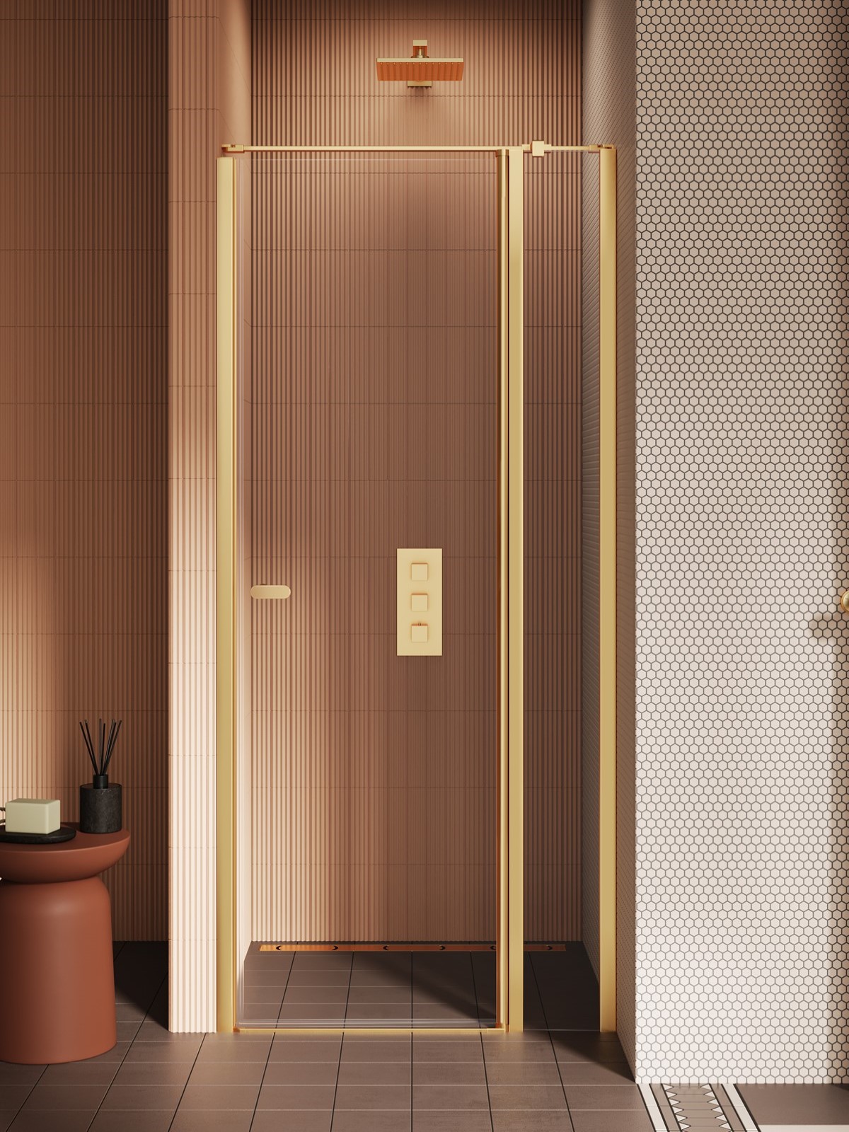 New Trendy New Soleo drzwi prysznicowe 90 cm uchylne złoty szczotkowany/szkło przezroczyste D-0771A-WK