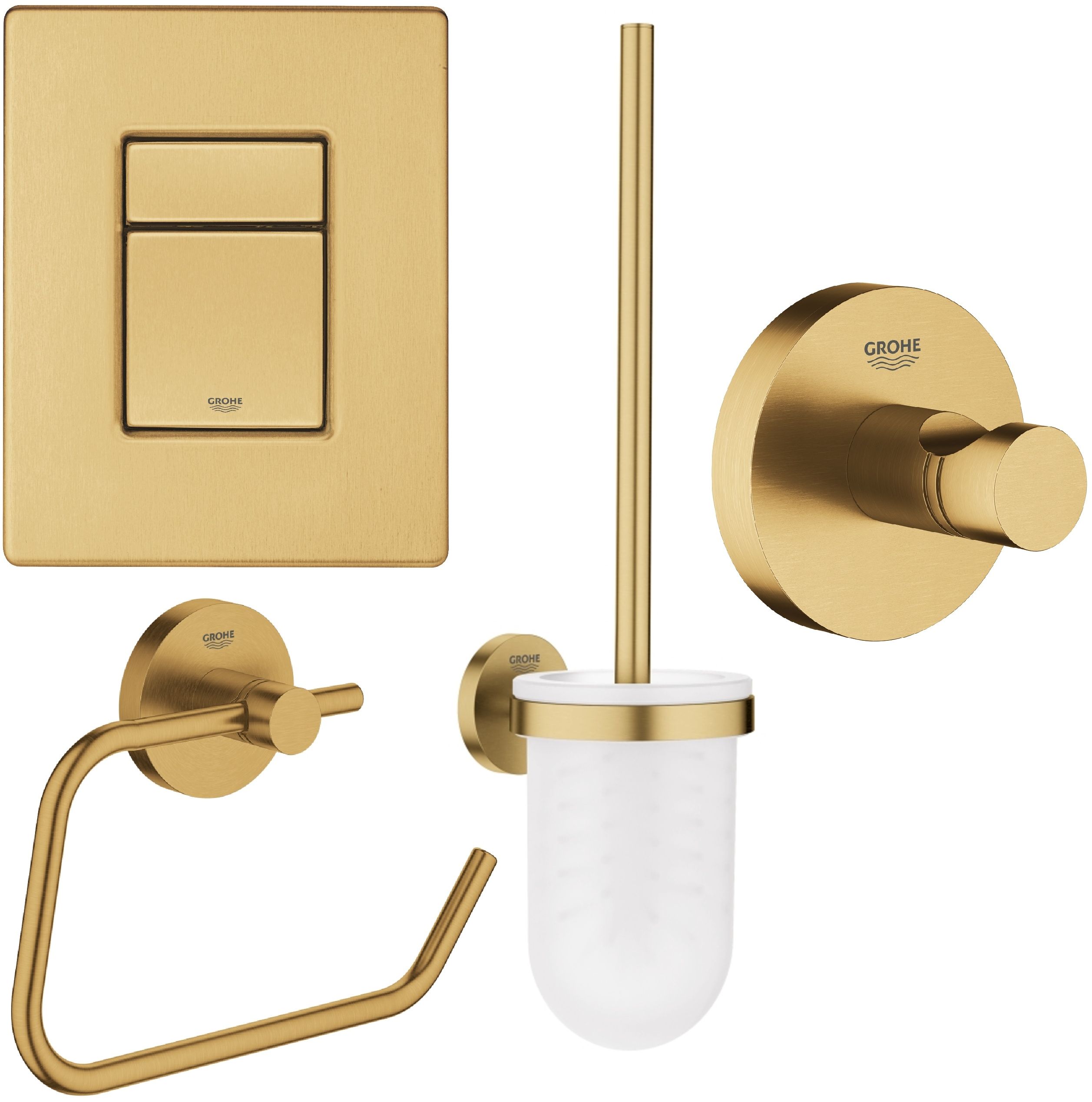 Zestaw Grohe Skate Cosmopolitan przycisk spłukujący z zestawem akcesoriów Essentials złoty (38732GN0, 40374GN1, 40364GN1, 40689GN1)