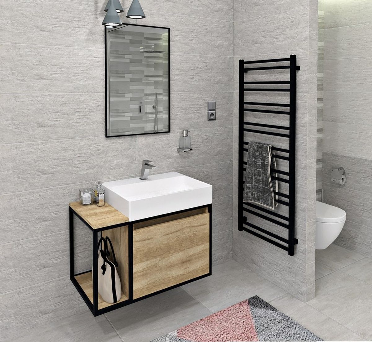 Sapho Skara szafka 80 cm podumywalkowa wisząca czarny mat/dąb Alabama CG003-2222